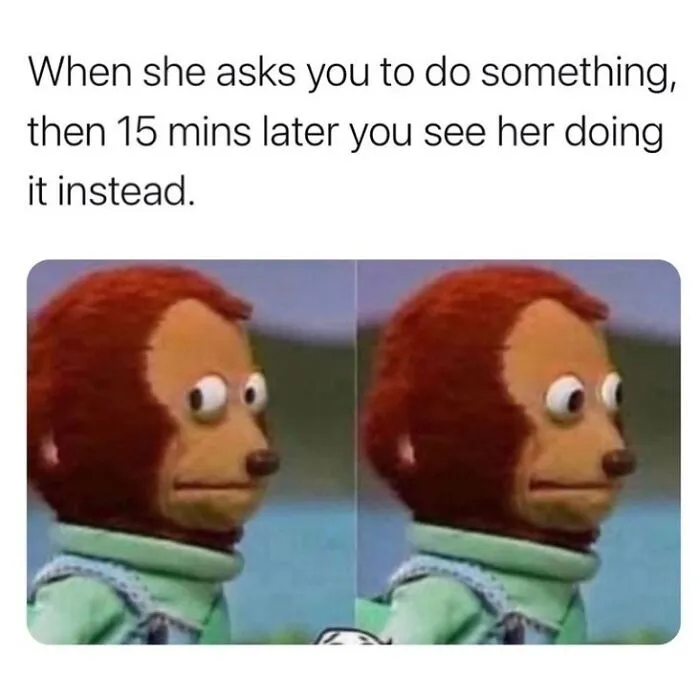 Meme with monkey puppet side-eye reaction to doing a task asked by her