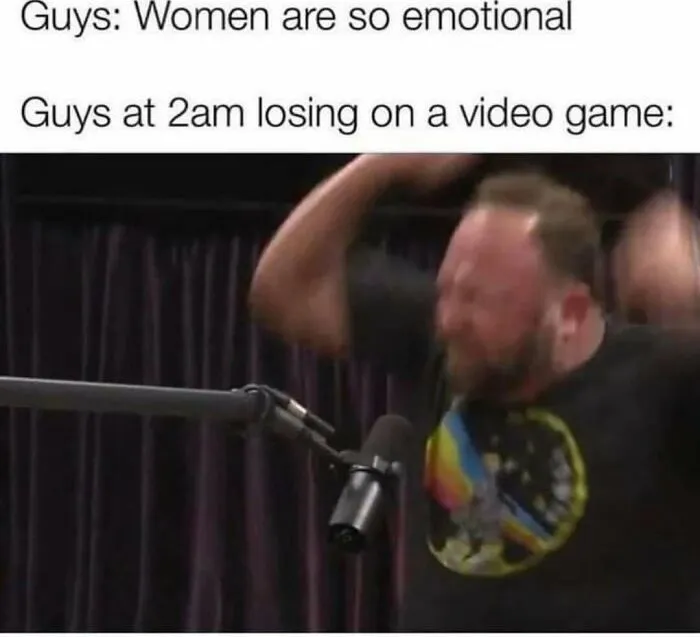 Funny meme about men losing at video games being emotional