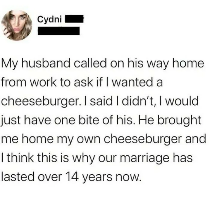 A screenshot of a positive post from Cydni about her husband bringing her a cheeseburger. Feeling down? This might make your day!