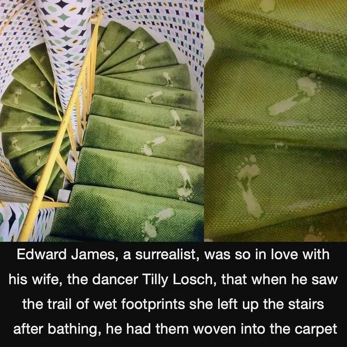 A surrealist staircase with green carpet featuring woven white footprints, a creative gesture that might make your day.