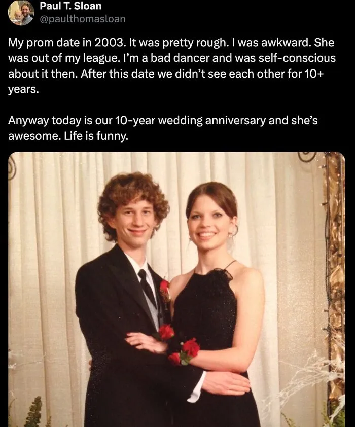 A young couple in prom attire, a positive post about overcoming awkward beginnings to celebrate their 10-year wedding anniversary.