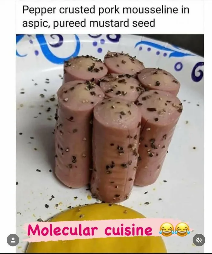 Pepper crusted pork mousse with mustard seed and aspic in a humorous food meme