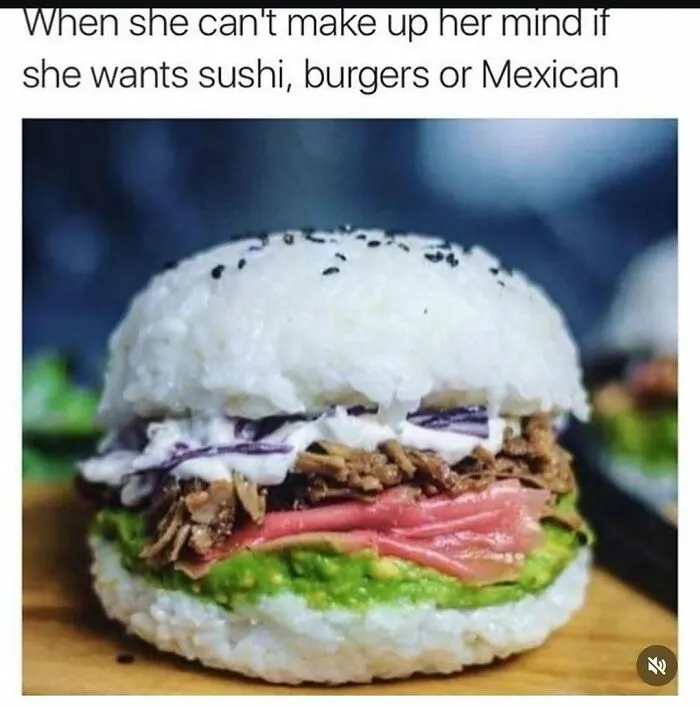Sushi burger with rice buns, avocado, and meat for indecisive food cravings