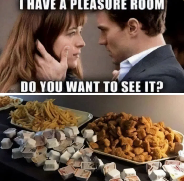 Movie scene captioned about pleasure room with fast food and sauces in background
