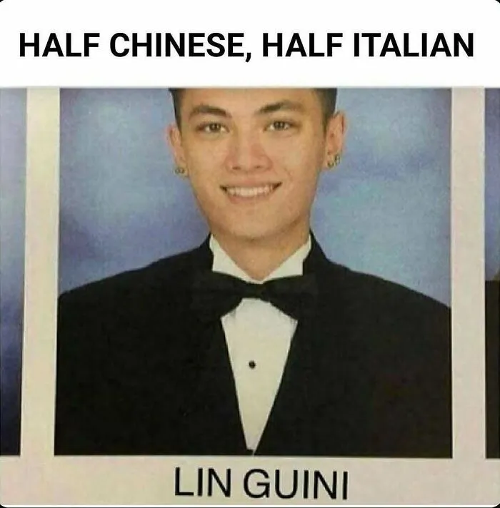 Food meme showing half Chinese and half Italian pun with Lin Guini