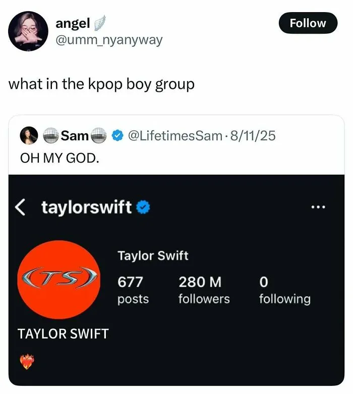 K-Pop boy group fan shocked by Taylor Swift social media followers meme