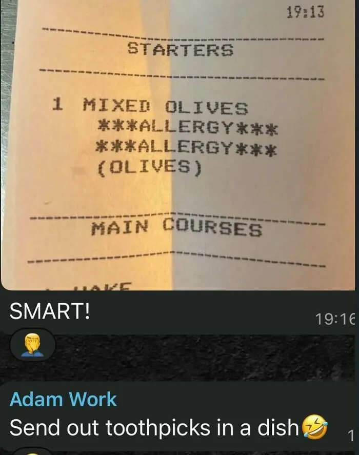 Restaurant receipt showing olive allergy warning and funny comment