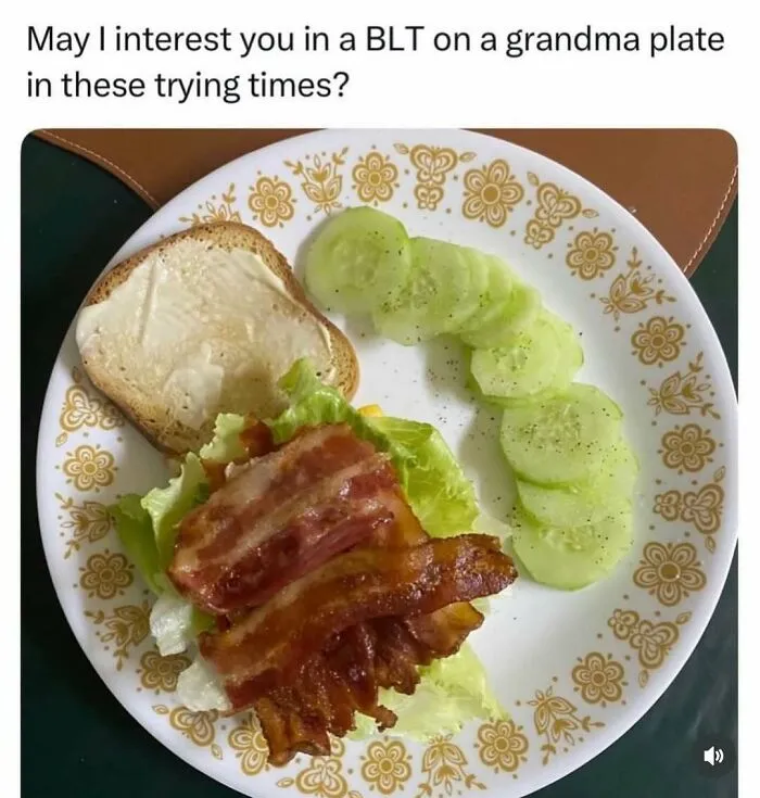 BLT sandwich with bacon and lettuce on a vintage plate with cucumber slices food memes