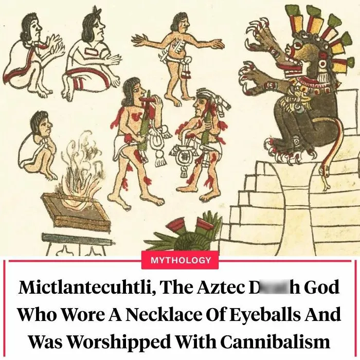 Illustration of Mictlantecuhtli, Aztec death god associated with cannibalism