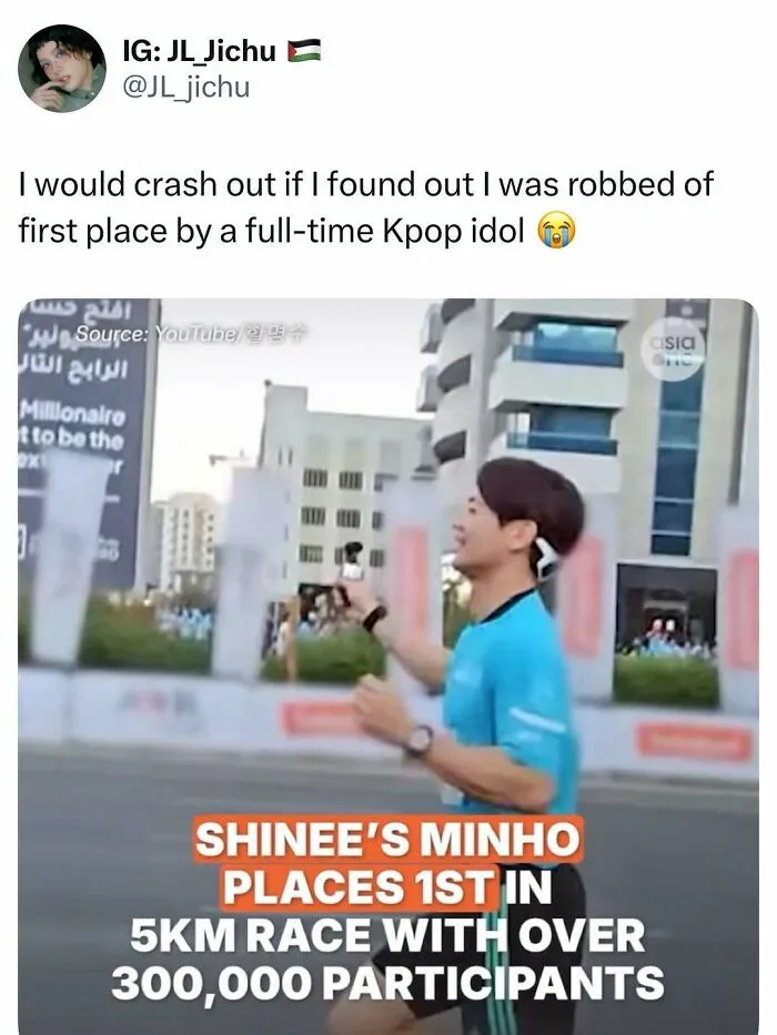 K-Pop meme about SHINee's Minho winning a large 5K race