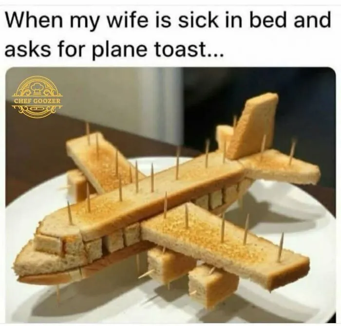 Creative food meme featuring a toast airplane made from slices of bread