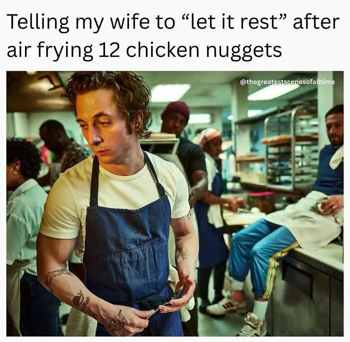 Scene from a cooking show with caption about air frying chicken nuggets
