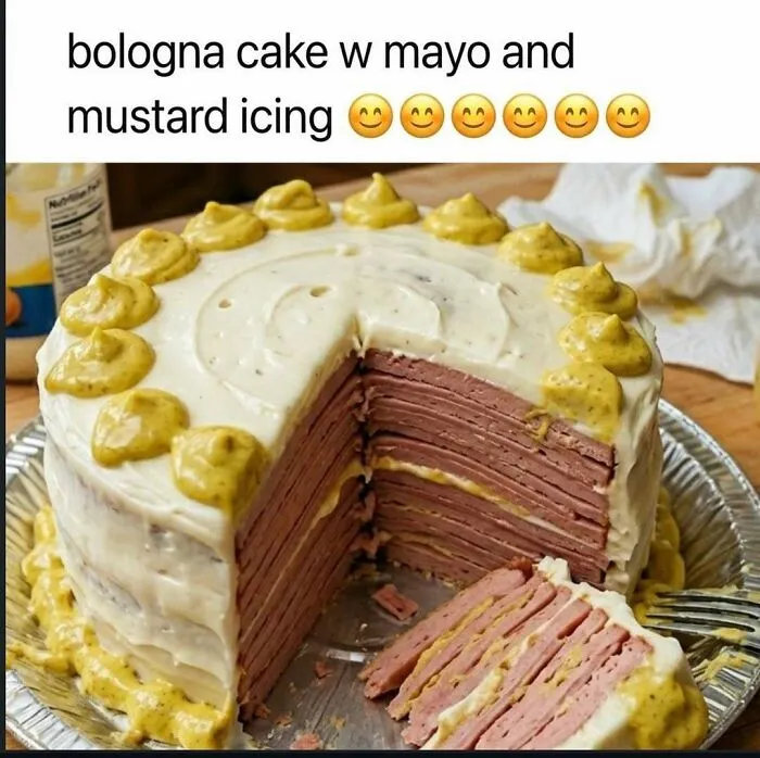 Layered bologna cake with mayo and mustard icing food meme