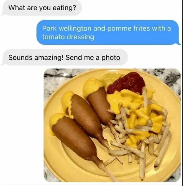 Text message conversation about food with photo of corndogs and fries with cheese