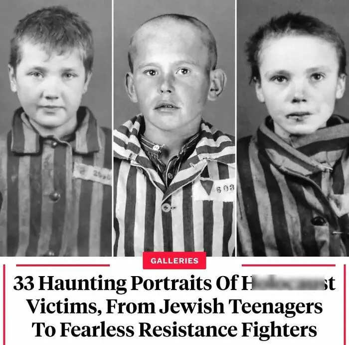Portraits of Holocaust victims including Jewish teenagers and resistance fighters