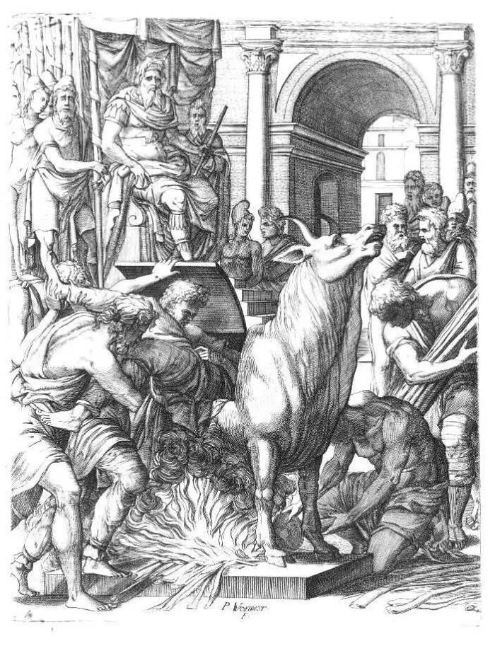 Black and white etching of ancient figures sacrificing a bull. Disturbing death stories from the past.