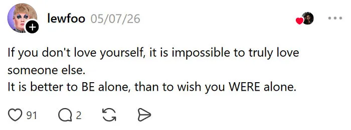 Post about self-love and loneliness in adult problems and surprises