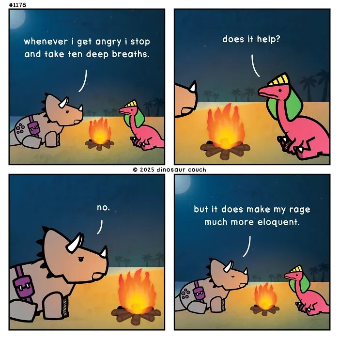 Dinosaur Couch comic: a triceratops and a pink dinosaur by a campfire, discussing taking deep breaths to make rage more eloquent.