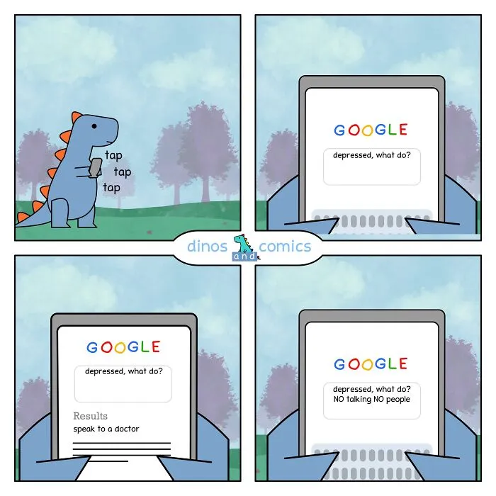 Dinosaur Couch comic showing a dinosaur comically searching Google for depression with an anti-social twist.