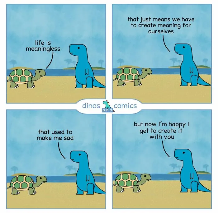 Dinosaur Couch comic featuring a dinosaur and a turtle discussing life's meaning, turning anxiety into humor.