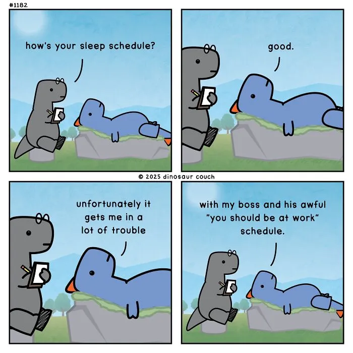 A dinosaur couch comic showing a blue dinosaur lying on a rock talking to a grey dinosaur about sleep schedule and anxiety.