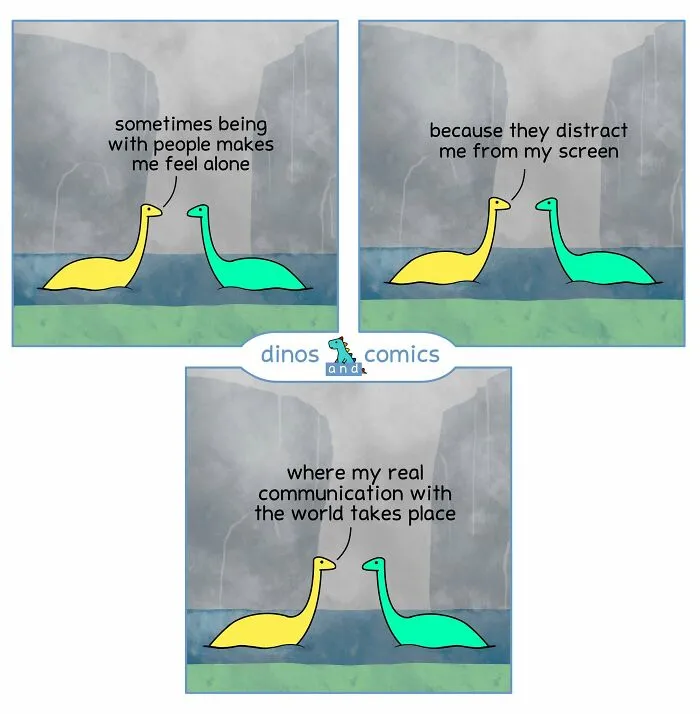 Dinosaur Couch comic: two long-necked dinosaurs discussing how being with people makes them feel alone, preferring screen communication.