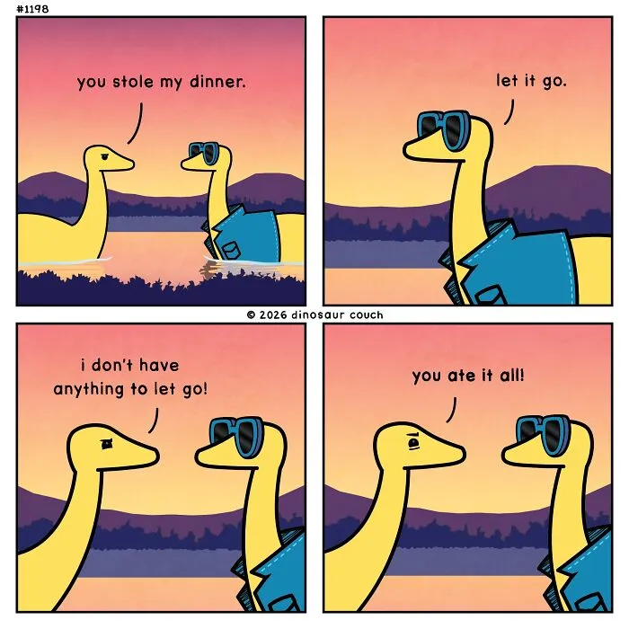 A dinosaur couch comic depicting two yellow dinosaurs arguing about one stealing the other's dinner, expressing relatable humor.