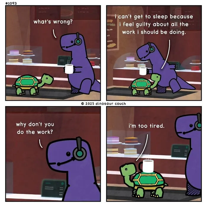 A dinosaur couch comic about a purple dinosaur feeling anxiety about work, too tired to start.