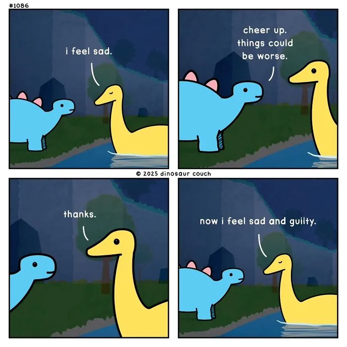 A dinosaur couch comic showing a blue dinosaur feeling sad, then sad and guilty after advice.