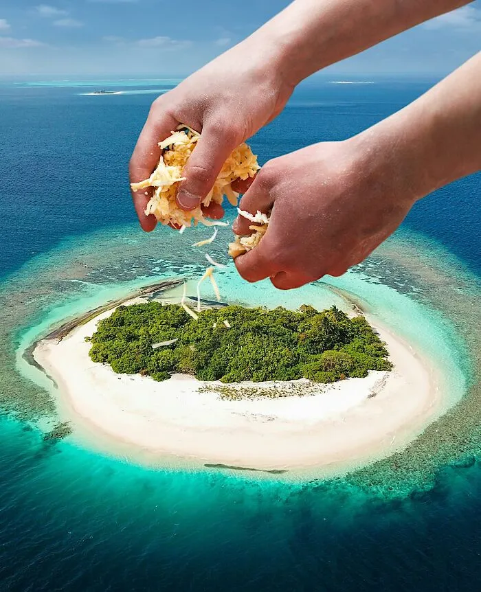 Clever photo manipulations: hands crumbling a snack over a lush green island, like parts of cities.