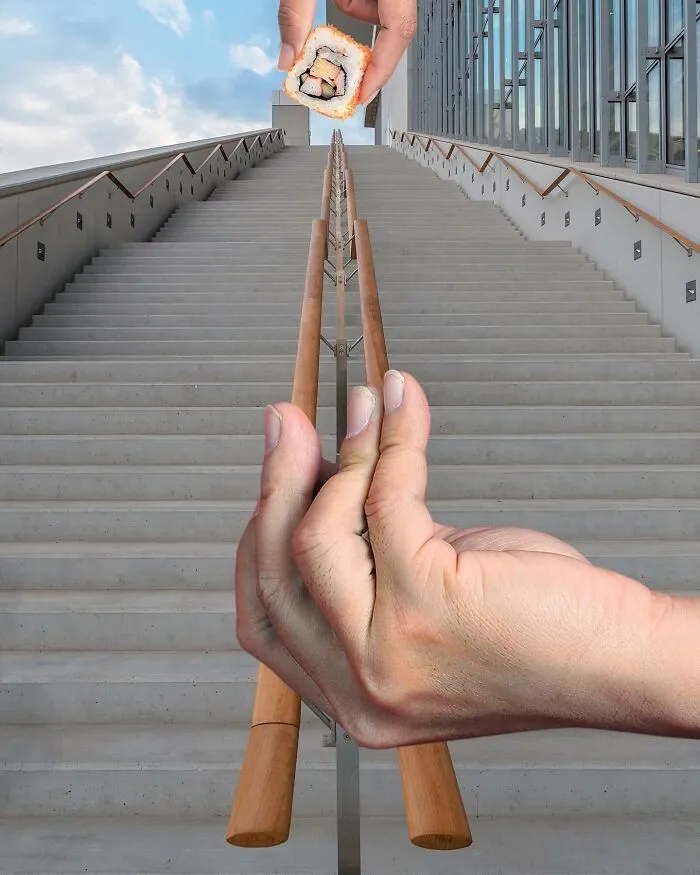 Clever photo manipulations: a hand holding a sushi roll with chopsticks over a long staircase in parts of cities.