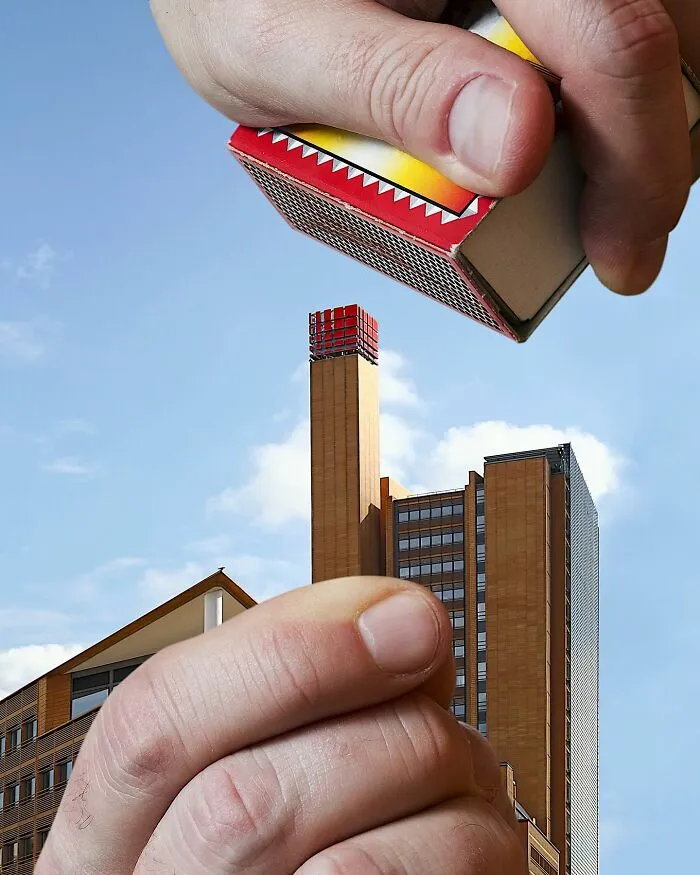 A matchbox held above a skyscraper, a clever photo manipulation making simple objects look like parts of cities.