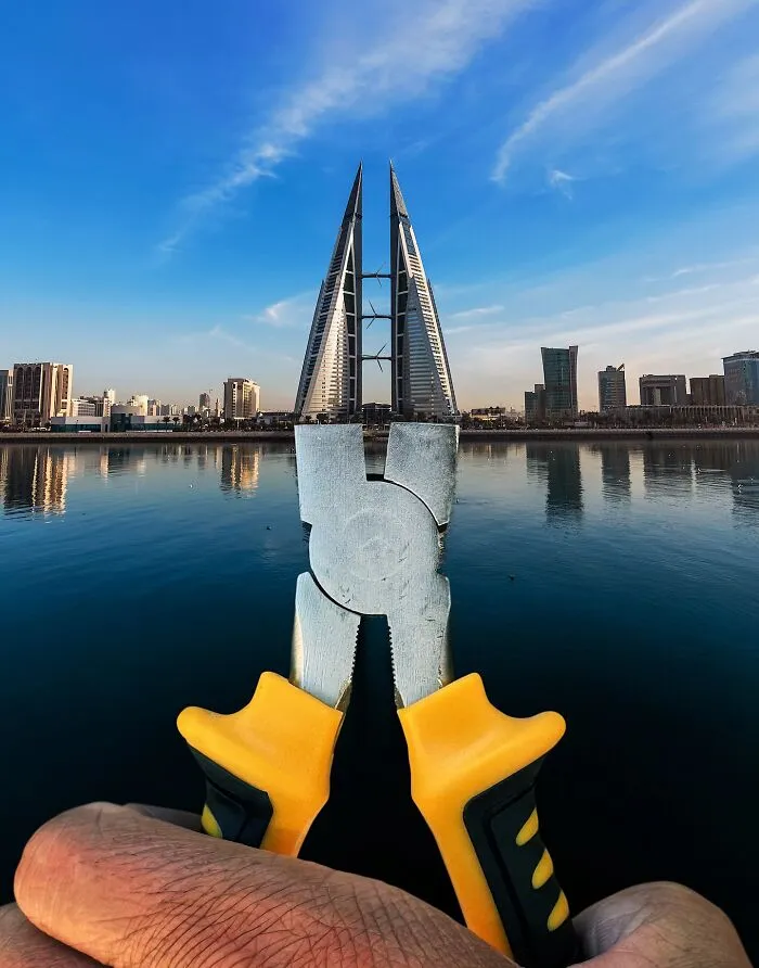 Clever photo manipulation of pliers positioned to look like a building, making simple objects look like parts of cities.