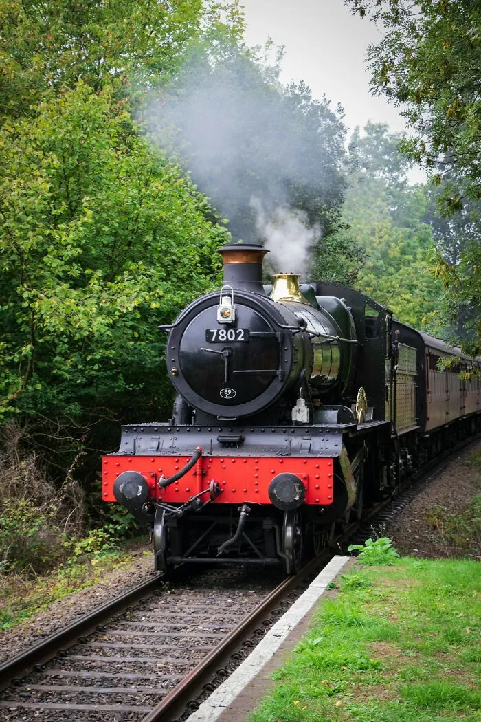 A classic black steam locomotive, number 7802, emits white smoke as it moves through green trees. Disturbing death stories.