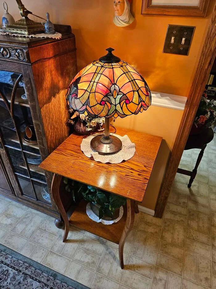 Signed Bradley & Hubbard Table Lamp Base With Stained Glass Shade