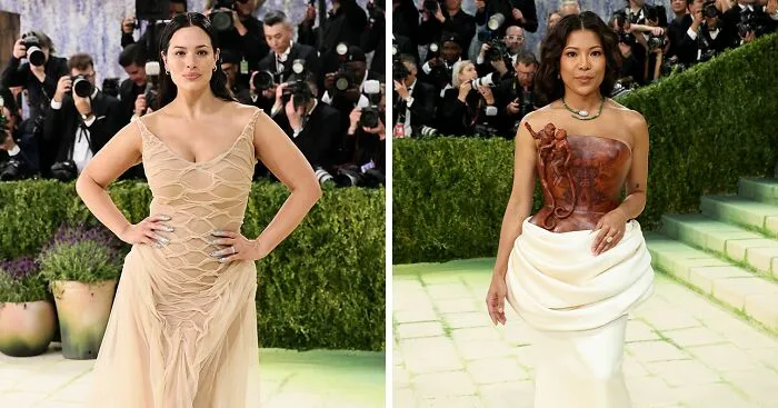 Worst dressed stars at Met Gala 2026: Ashley Graham in sheer nude, and an attendee in a sculpted brown bodice.
