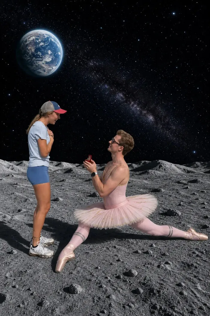 A man in a pink tutu proposes on the moon with Earth visible above, making this a hilarious proposal pic edit.