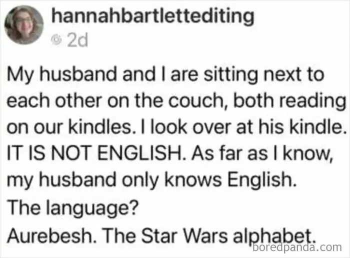 Funny married life tweet about reading Kindles with one in Star Wars Aurebesh language