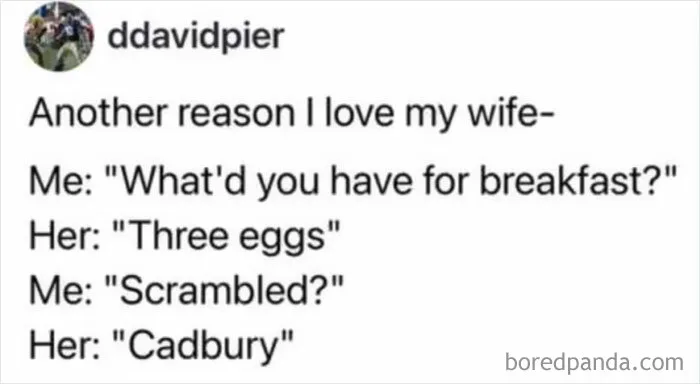 Humorous married life tweet about wife having three eggs for breakfast as Cadbury
