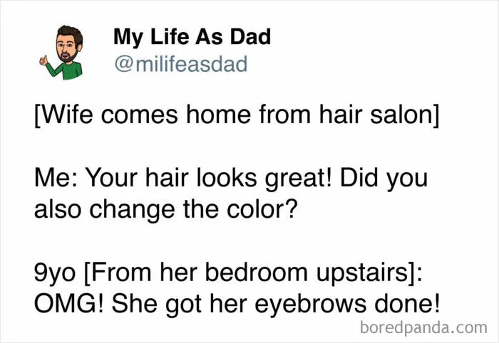 Comical tweet describing wife's hair and eyebrow change in married life