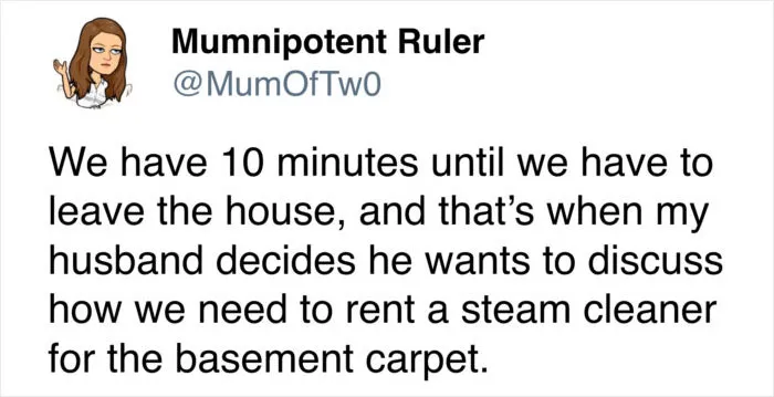 Funny tweet about husband wanting to rent steam cleaner before leaving the house in married life
