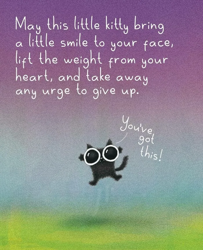 Artist creates cat illustrations: A happy black cat floating with a motivational message to not give up.
