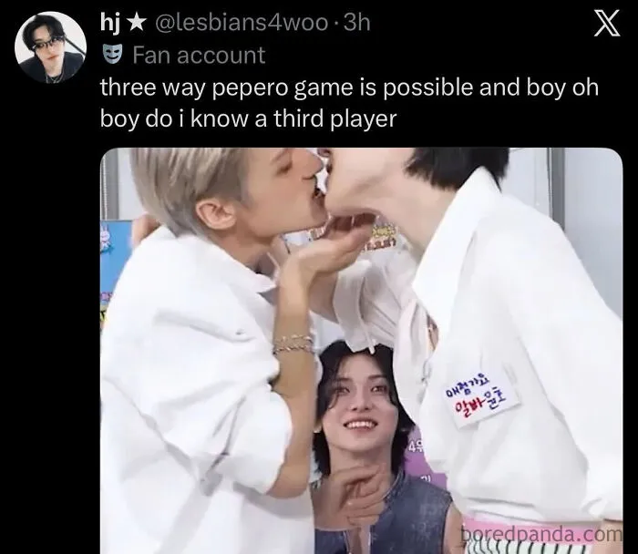 K-Pop three way Pepero game meme with three idols sharing snack