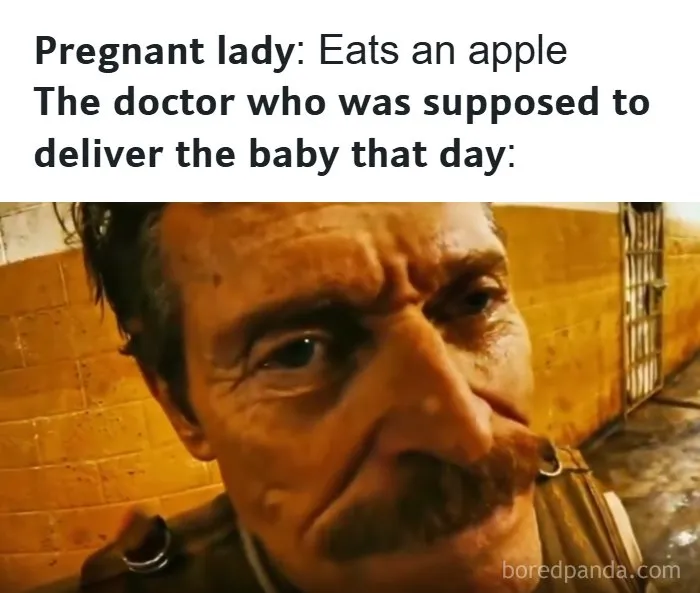 Pregnant lady eating apple with worried doctor meme