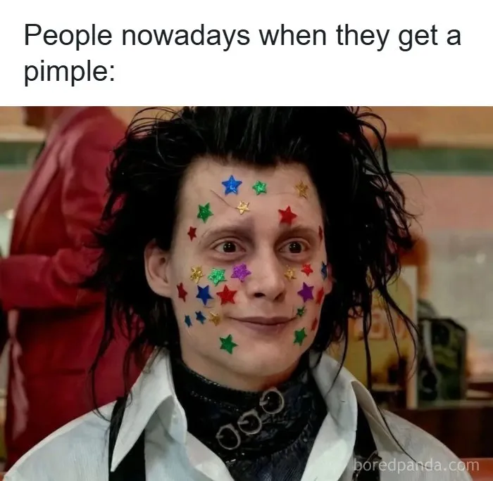 Meme showing person with colorful star stickers on face illustrating pimple humor
