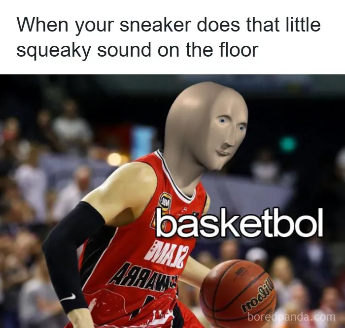 Basketball meme with distorted human figure and sneaker squeaky sound