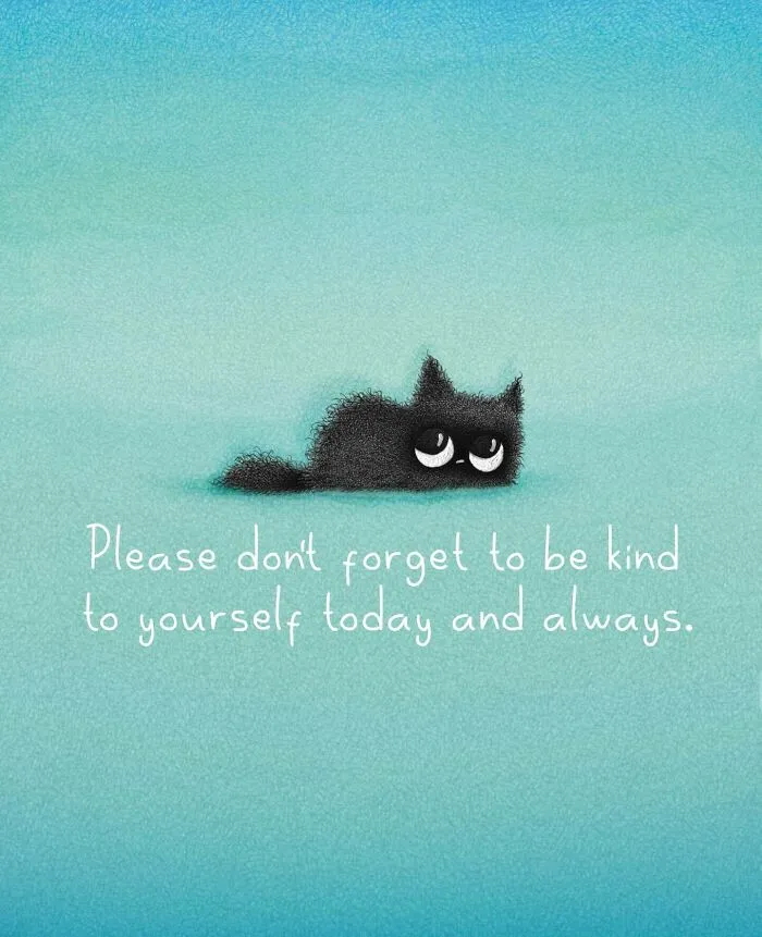 A cat illustration with a message to be kind to yourself, resonating with cat owners.