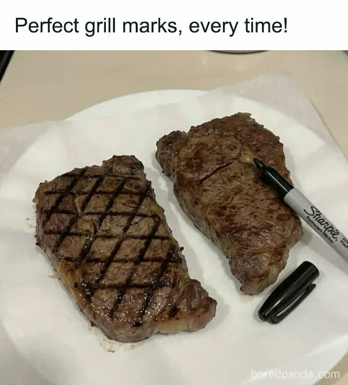 Steak with grill marks drawn on using a marker food meme