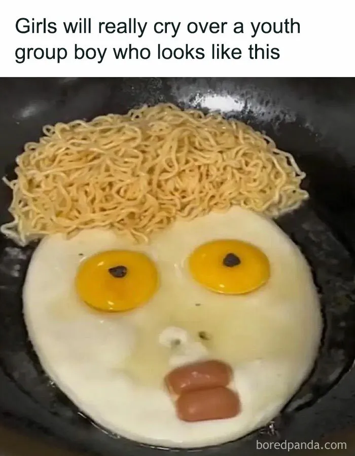 Food meme of fried eggs and noodles resembling a boy's face with hair