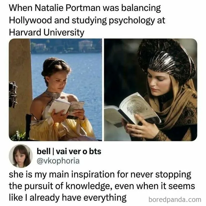 Images of Natalie Portman balancing Hollywood acting and psychology studies at Harvard